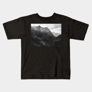 Swiss Alpine Mountain Landscape in Black and White Kids T-Shirt